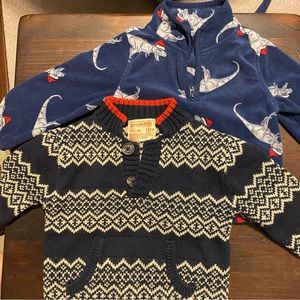 Oshkosh 2 boys 18M toddler 1/4 zip / knit sweater & 1/4 zip fleece blue dinosaur